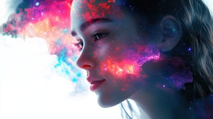 beautiful fantasy abstract portrait of a beautiful woman double exposure with a colorful digital paint splash or space nebula, generative ai