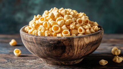 A rustic wooden bowl filled with crispy lotus seeds, highlighting their golden color and crunchy texture. A perfect snack for health-conscious individuals.