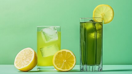 Wall Mural - two glasses of fresh lemonade and green juice with lemon slices on a green background.