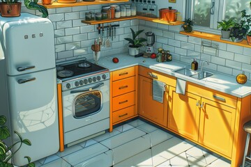 Wall Mural - Vintage kitchen in yellow colors, isometric or top view of a light kitchen