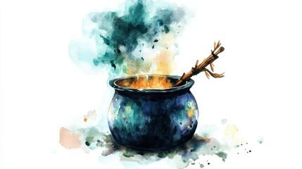 A mystical cauldron bubbling with colorful potion in a whimsical setting during twilight hours