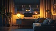 © Nuttaya Nampai - A stylish dark office interior with a modern workplace, sleek desk, cozy sofa, and glowing lamps, creating a warm, moody atmosphere perfect for late-night productivity.