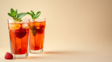 Wall Mural - two glasses of red iced tea with mint and raspberries on a beige background.