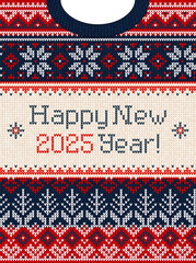 Sticker - 2025 Knitted Happy New Year Design Festive Holiday Ugly Sweater Pattern . Invitation Knitted Holiday Design