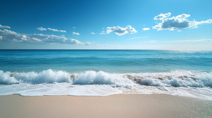  A serene beach scene with gentle waves lapping against the shore under a clear blue sky.