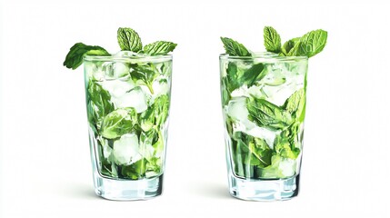 Wall Mural - two glasses of refreshing iced beverage with mint leaves, isolated on a white background.