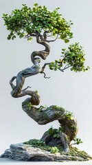 Wall Mural - Bonsai Tree With Twisted Trunk and Green Leaves