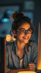 Poster - A woman wearing glasses and a blue shirt is smiling at the camera
