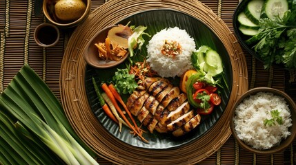 Wall Mural - A well-balanced Thai meal featuring Som Tum papaya salad, grilled chicken, sticky rice, and fresh vegetables, displayed on a woven bamboo mat, top view.