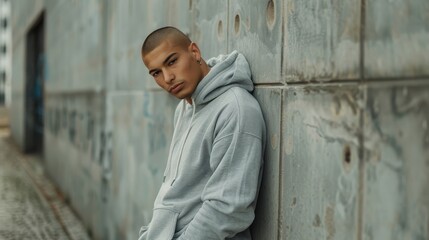 Poster - A man wearing a gray hoodie is leaning against a wall