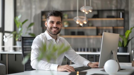 Poster - A man is sitting at a desk with a computer and smiling