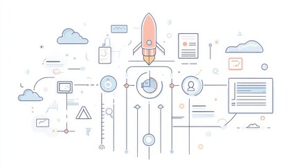 Leinwandbilder - Digital illustration depicting a rocket launching amidst various technology and data elements in a modern workspace setting