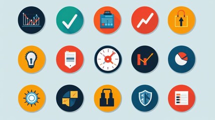 Colorful collection of flat design icons representing various business and analytics concepts on a light background