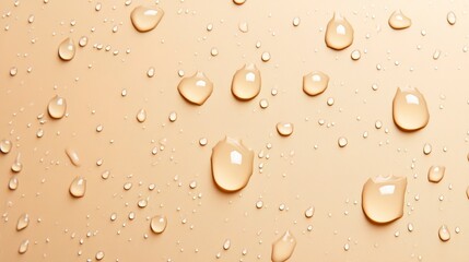 Wall Mural - Close up of water drops on beige background. The water droplets and beige colored abstract banner could work for a cosmetic, beauty or spa concept. 