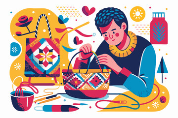 Colorful Illustration of Person Crafting Traditional Textile Art