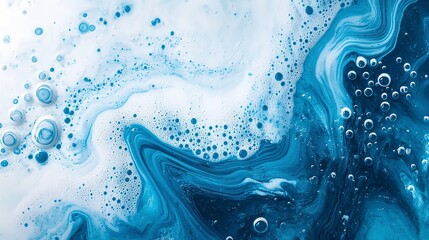 Wall Mural - Acrylic ink water. Sea foam. Cyan blue ocean wave with white bubbles effect. Color gradient paint splash design. Smeared streak abstract pattern. Marble texture art background  