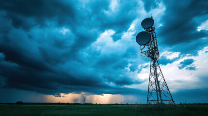 radar system tower stands tall against dramatic sky filled with dark clouds, showcasing potential for environmental monitoring and disaster prevention