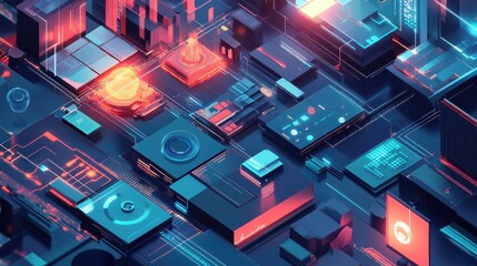 Aufkleber - Vibrant abstract landscape featuring futuristic technology and digital interfaces in a high-tech urban environment