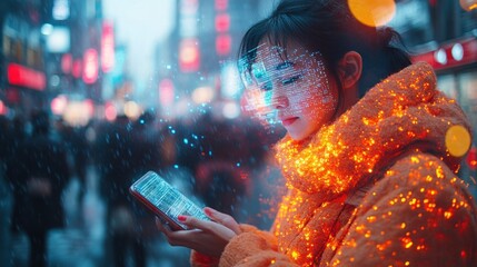 Wall Mural - Woman using phone in a city,  glowing interface