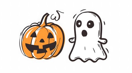 A charming sketch of a whimsical pumpkin and ghost. This playful design captures the lighthearted spirit of Halloween, making it perfect for festive decorations, children's art projects