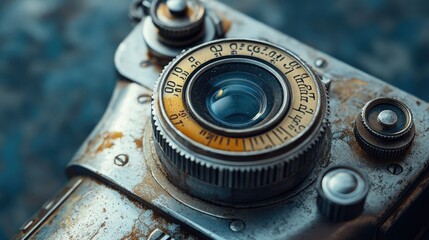 Antique film camera with a metal body and classic dials, close-up view on a rustic surface, evoking a sense of history and old-fashioned photography