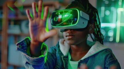 Aufkleber - A young girl wearing a virtual reality headset is playing a game