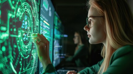 Aufkleber - A woman is looking at a computer screen with a green screen
