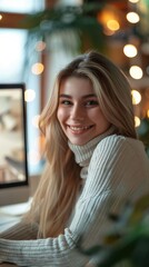 Poster - A woman with blonde hair is sitting in front of a computer monitor