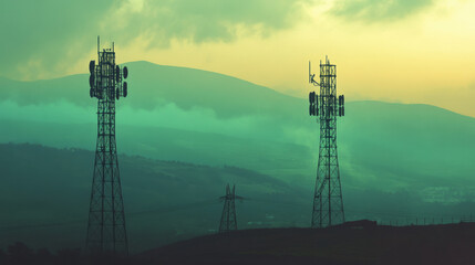 image features two signal towers silhouetted against misty landscape, with mountains in background and soft, atmospheric glow. scene evokes sense of tranquility and connection to technology