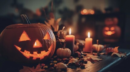 Halloween pumpkins with candies and burning candles on table in dark living room