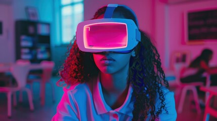 Aufkleber - A girl wearing a VR headset is sitting in a classroom