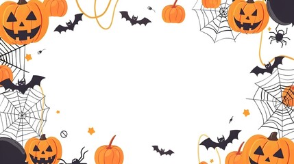 A vibrant Halloween decorative border featuring intricate spider webs, playful bats, and cheerful pumpkins in a flat vector style. Ideal for enhancing seasonal projects, invitations