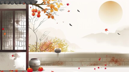 Wall Mural - Autumn_illustration_Chinese_style_persimmon_ancie