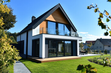 Modern two-story house with gable roof, black and white color scheme, large windows on the front facade, wooden cladding on one side of window frames, modern garden in front of it