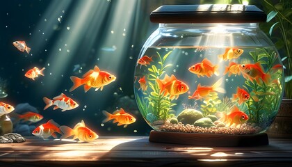 Vibrant underwater world of colorful fish illuminated by sun rays in a stunning aquarium tank