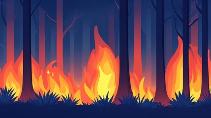 Poster - A striking flat design depicting a forest fire, full of bold colors and unique textures that grab attention.