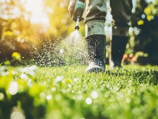 A gardener waters fresh green grass in sunlight, showcasing a healthy lawn and gardening tools in action.