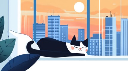 Canvas Print - Experience the serene aura of a cozy cat nestled on a bed, framed by a stunning city skyline at twilight in vibrant digital art.