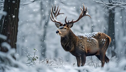 Majestic deer with impressive antlers in a serene snowy forest blanketed by fresh snowflakes in winter