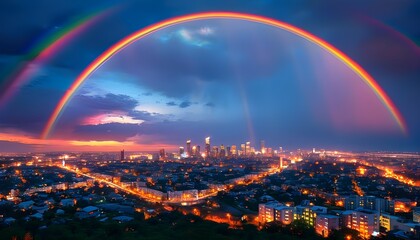 Stunning night cityscape illuminated by a vibrant rainbow arching across the skyline