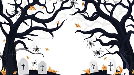 Creepy Halloween border featuring twisted trees, eerie tombstones, and lurking spiders, designed in a flat style on a clean white background. Perfect for themed decorations, party invitations