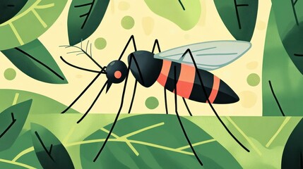 Poster - A stunning modern art piece depicting a detailed mosquito on a vibrant green leaf, highlighting natures beauty.