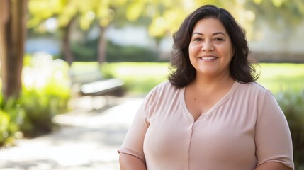 warm smiling hispanic woman outdoors in sunlit park, perfect for print, card, poster