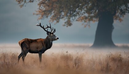 Mystical stag in a fog-laden field, radiating serenity and enigma amidst the ethereal atmosphere.