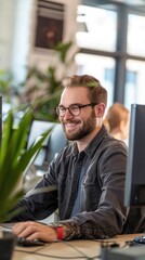 Fototapete - A man wearing glasses and a grey shirt is smiling while working on a computer