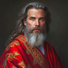 Wall Mural - 40 years old welsh man portrait, red silk robe with golden flames embroidery, grey hair and long beard, blue eyes