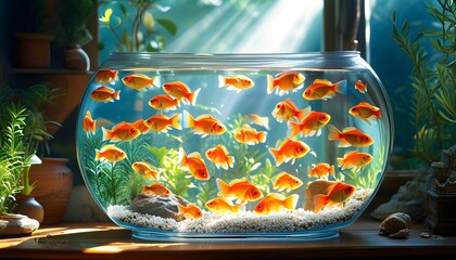 Vibrant underwater world of colorful fish illuminated by sun rays in a stunning aquarium tank