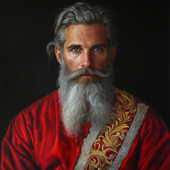 Wall Mural - 40 years old welsh man portrait, red silk robe with golden flames embroidery, grey hair and long beard, blue eyes