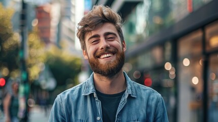 Poster - A man with a beard is smiling and wearing a blue shirt