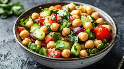 Wall Mural - Chickpea and kidney bean salad with fresh herbs, tomatoes, cucumbers, and a dash of mild spices, served as a light and refreshing plant-based meal option.